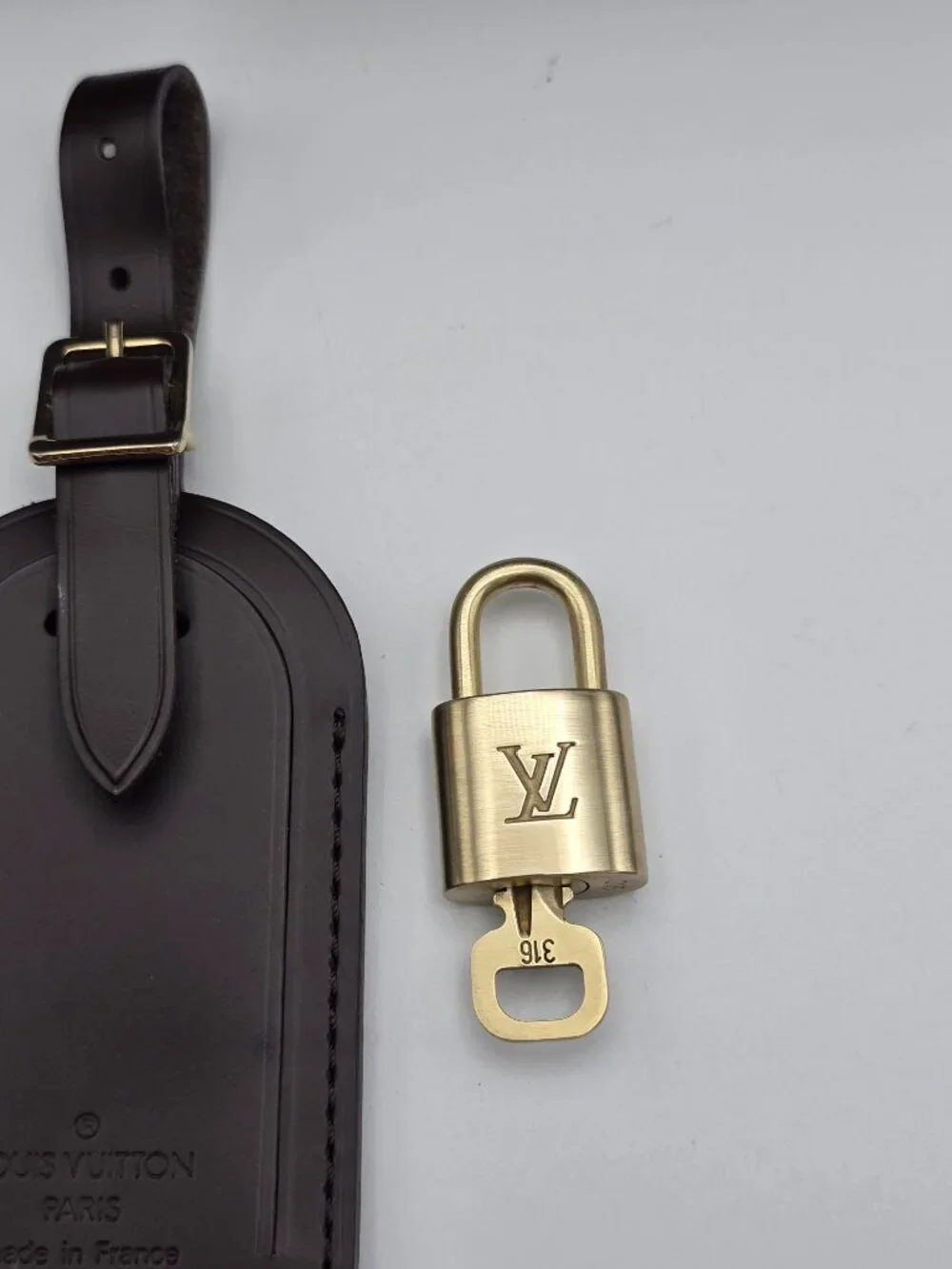 Authentic Louis Vuitton Brown Luggage Tag & Gold Padlock with Key-Made in France